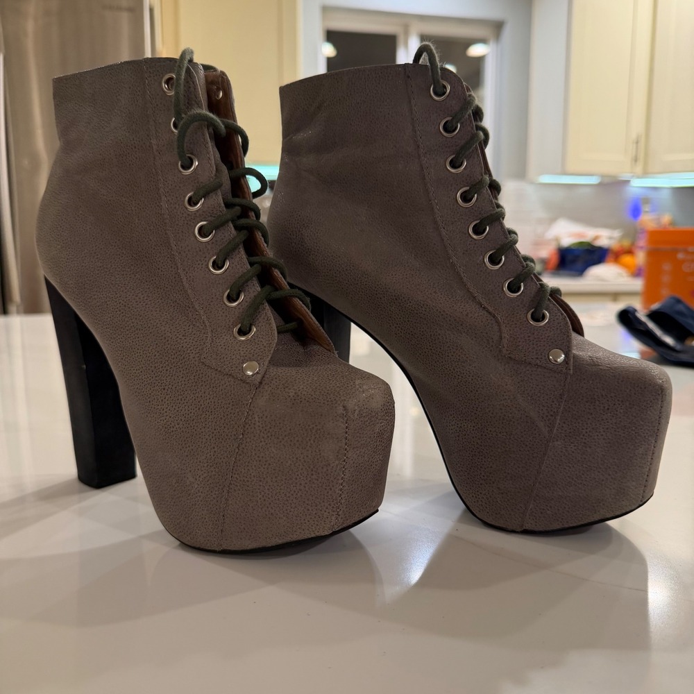 Jeffrey Campbell Platform Lace Up Ankle Boots Taupe‎ Gray Block Heel